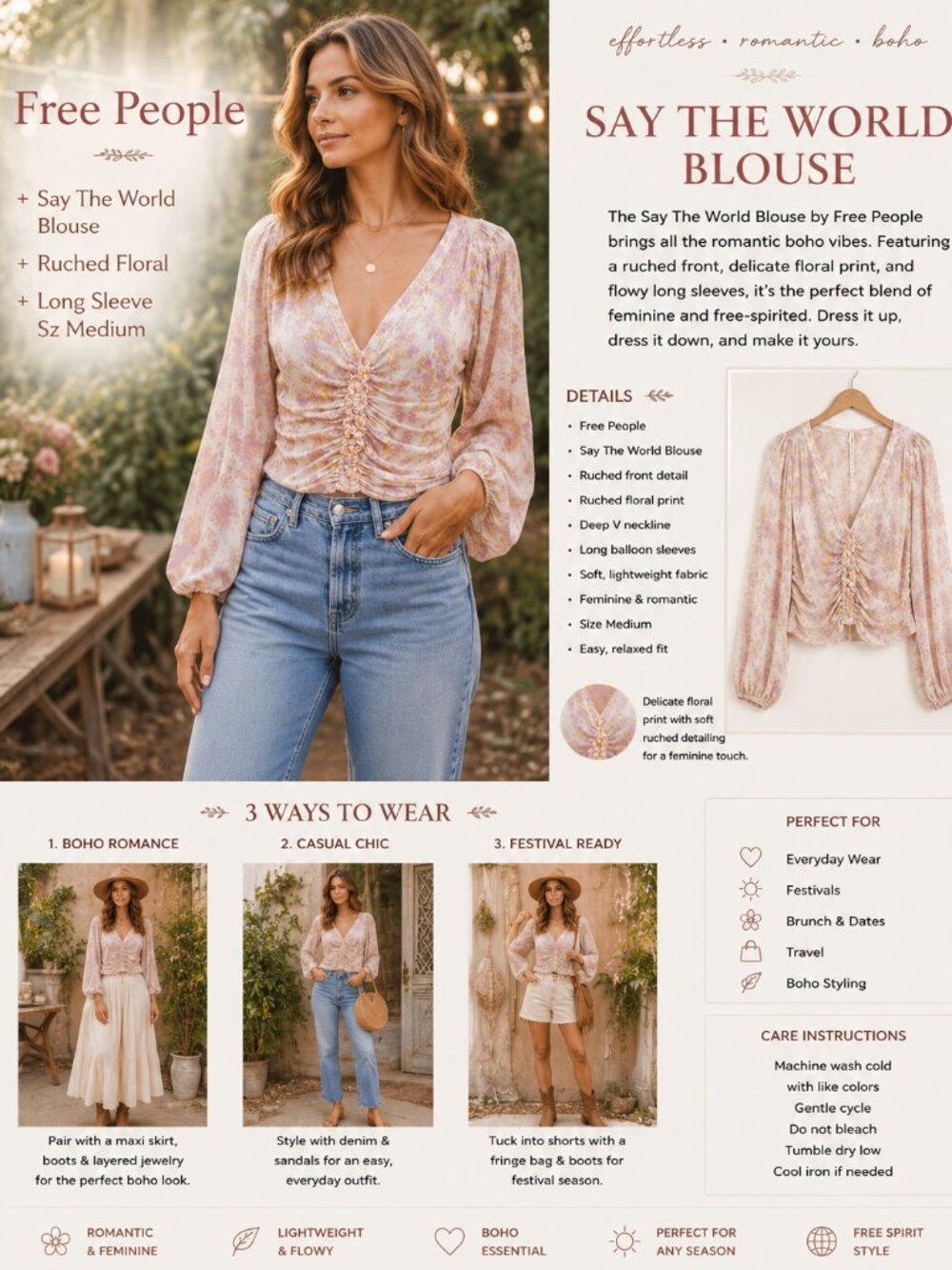 Free People Say The World Blouse Ruched Deep V Floral Long Sleeve SZM Boho